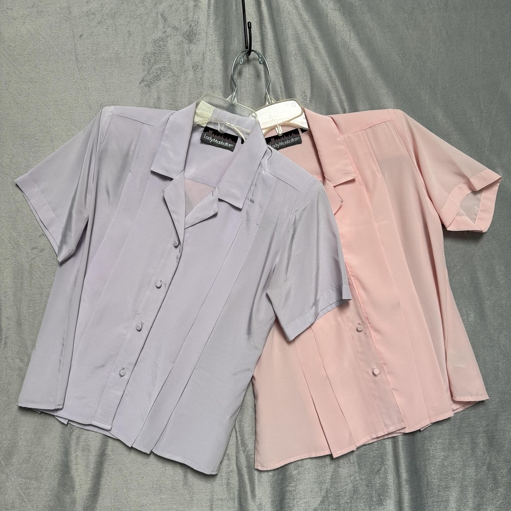 Lady Manhattan Shirts Womens 4 Lot of 2 Pink Purple Short Sleeve Button Front